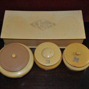 Antique Art Deco Ivory Pyralin Celluloid Monogram Vanity Jars & Box